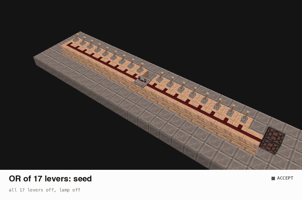 A 17-input OR bus: the seed lights the lamp when lever i3 is on; the mutant, with one repeater replaced by wire, does not